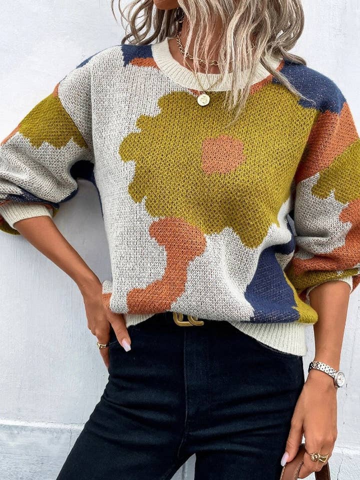 NINEXIS - Wholesale Knit Sweater - Women's - CWOSWL5555_JACQUARD CREW NECK LONG SLEEVE KNITTED SWEATER