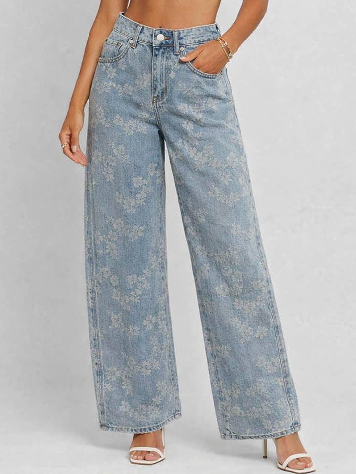 Ladies Floral Jacquard Button Pocket Wide Leg Denim Pants for wholesale by Sweetkama