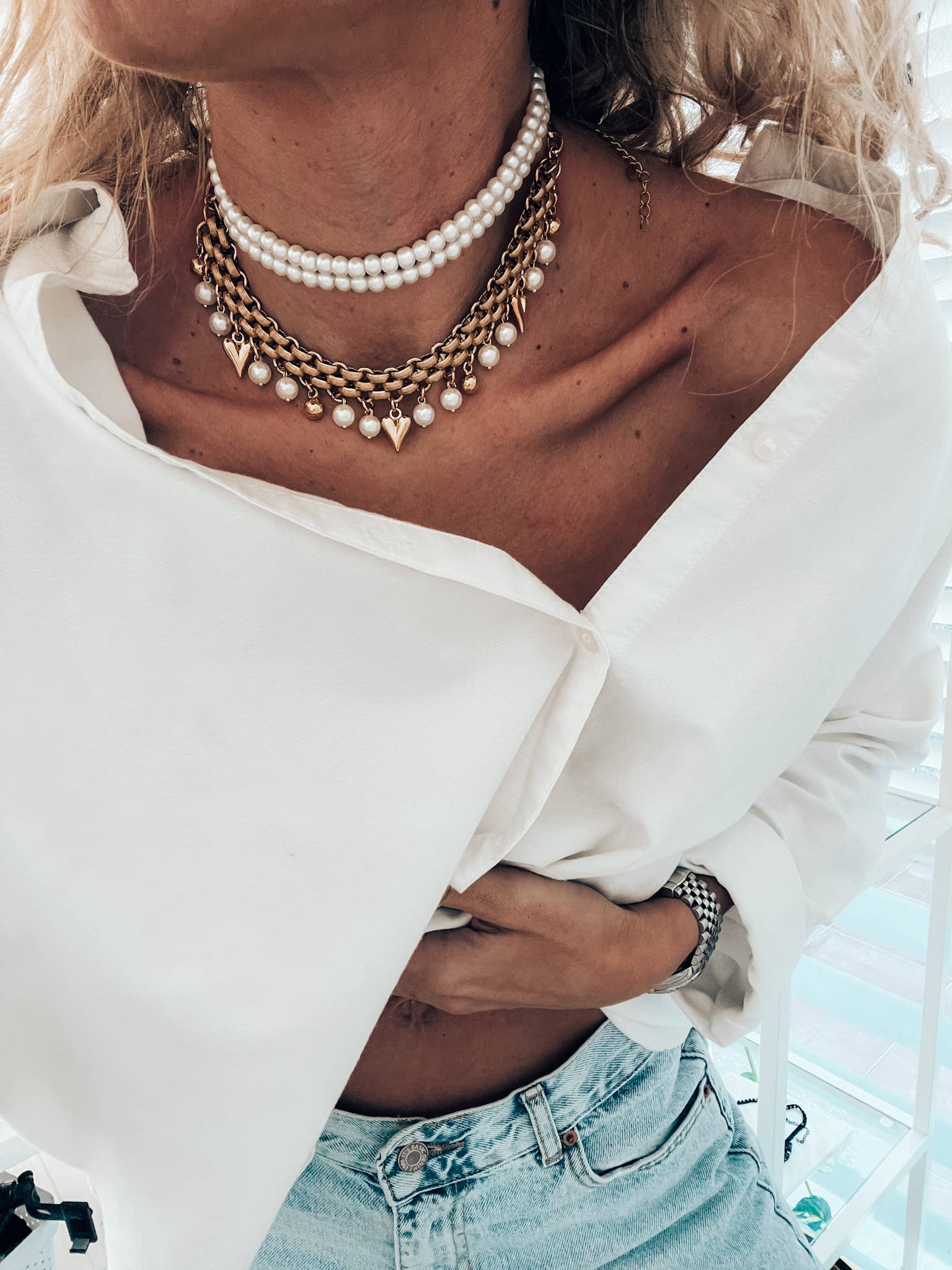 Goupi - Wholesale Choker/Collar - White pearls double choker and gold chain necklace5