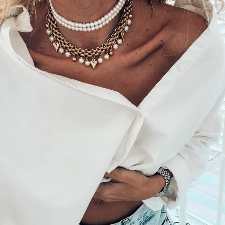Goupi - Wholesale Choker/Collar - White pearls double choker and gold chain necklace5