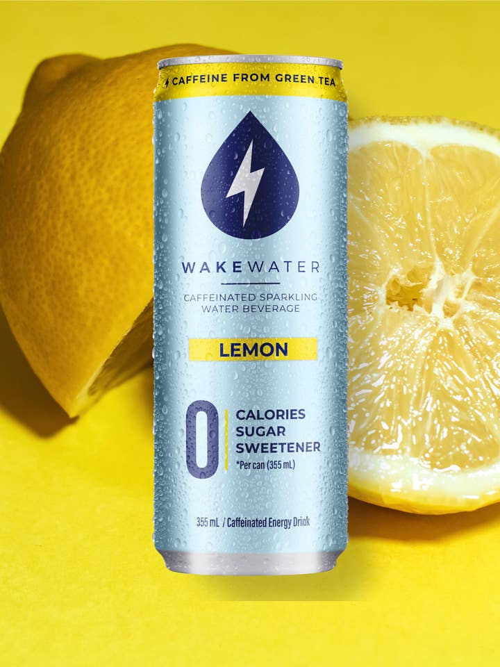 Lemon Caffeinated Sparkling Water Beverage (12 Cans) for wholesale by WakeWater Beverage Co.