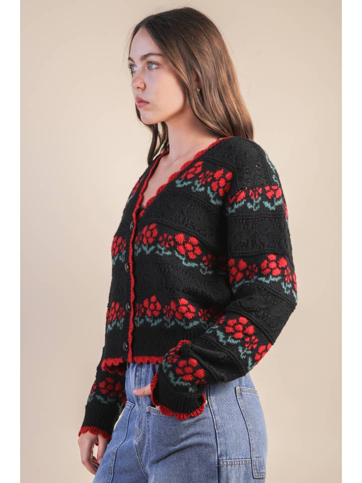 VERY J - Wholesale Cardigan - Women's - 12W3524N-Floral Graphic Detail Knit Sweater Cardigan2