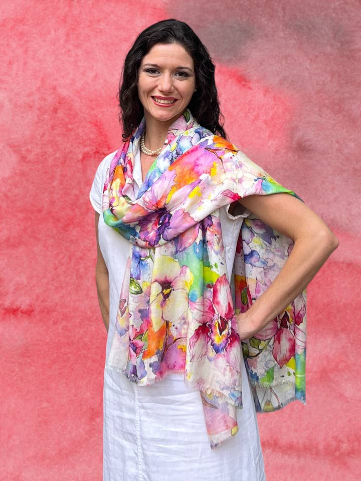 Bufanda de acuarela floral estampada digitalmente con flores de primavera para venta al por mayor de Rayz Intl