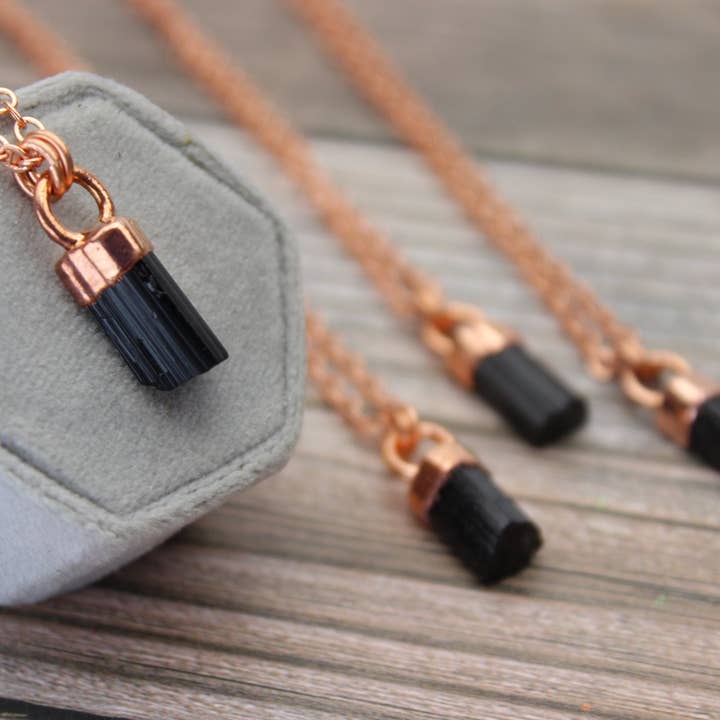 Black Tourmaline Necklaces- Copper Raw Crystal Pendant for wholesale by Meraki Rame