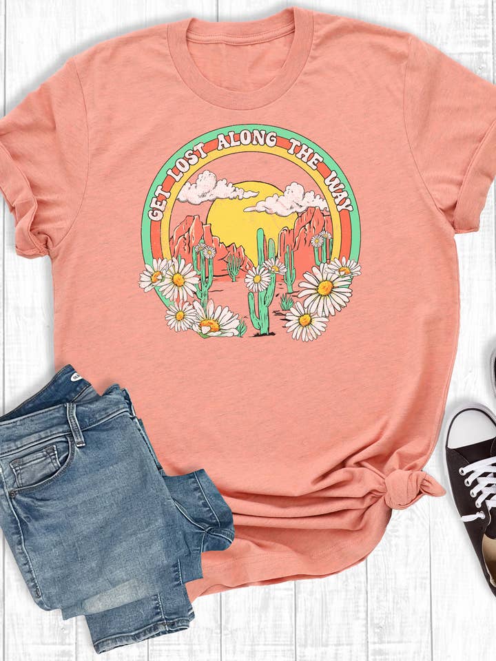 Sunset Retro Floral Western Get Lost Along The Way Graphic Tee for wholesale on Faire0