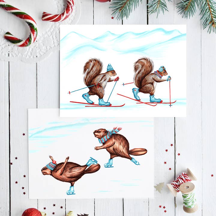 Sardines Studio - Wholesale Christmas Card - Squirrels Cross Country Skiing Greeting Card4