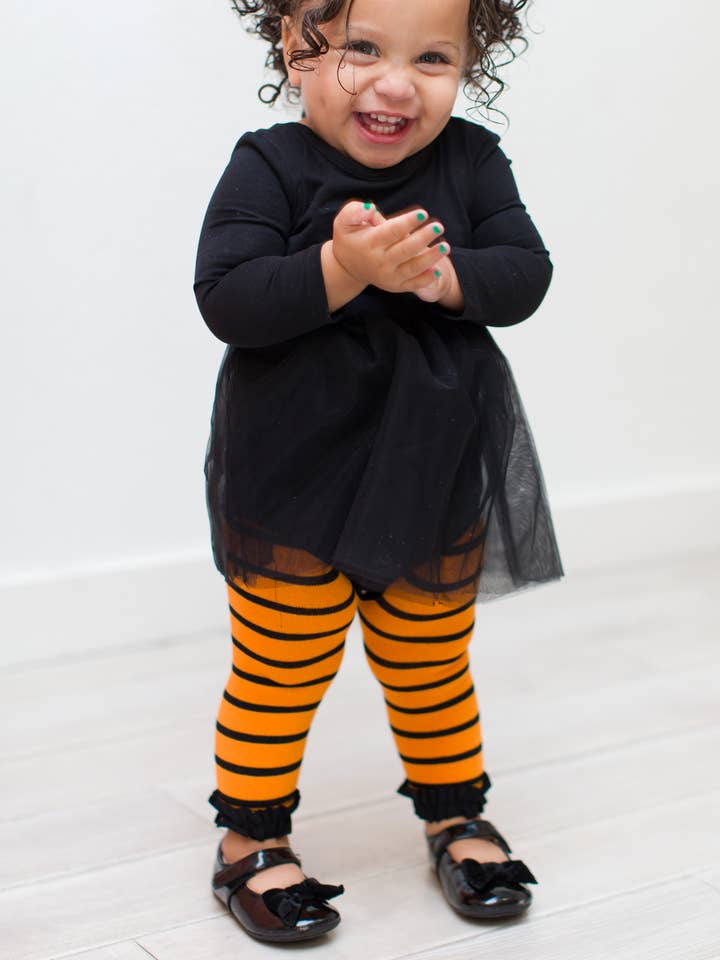 Multi Color Girls Orange Stripe Patterned Footless Ruffle Tights for wholesale on Faire