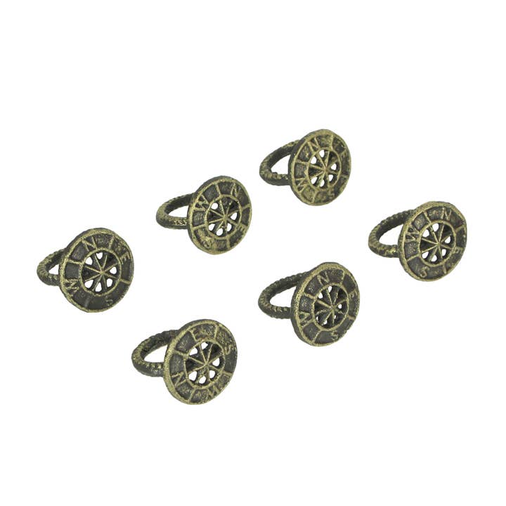 Set of 6 Bronze Cast Iron Compass Rose Napkin Rings for wholesale by Zeckos