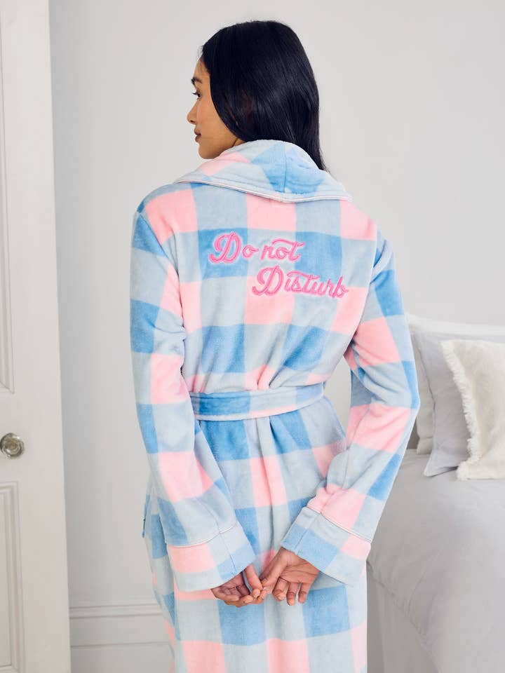 Fleece Embroidered Back Do Not Disturb Check Dressing Gown for wholesale by Chelsea Peers