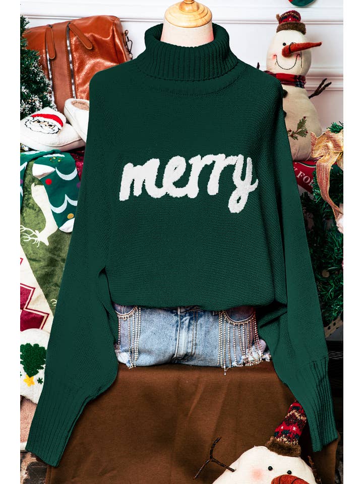 fashionworks - Wholesale Knit Sweater - Women's - Merry Letter Embroidered High Neck Christmas Sweater*S-2XL