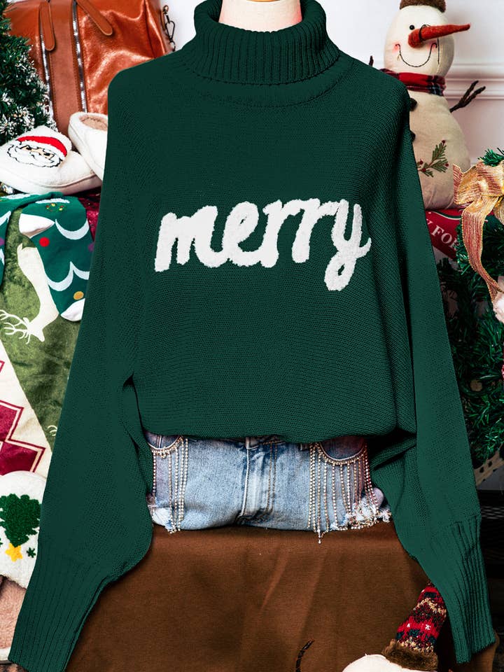 Pull de Noël à col haut brodé Merry Letter*S-2XL pour la vente par fashionworks