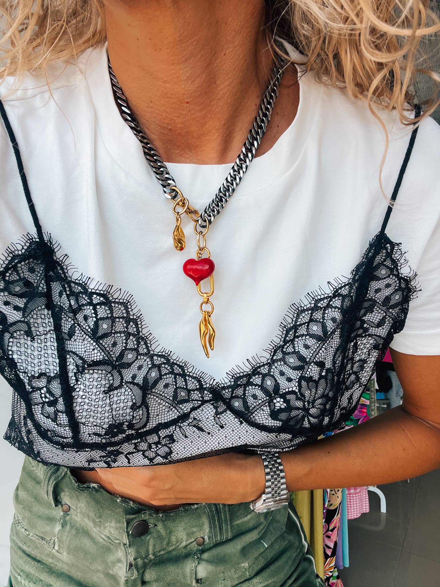 Goupi - Wholesale Link & Chain Necklace - Rock chain necklace with fishbone black chain and red heart7