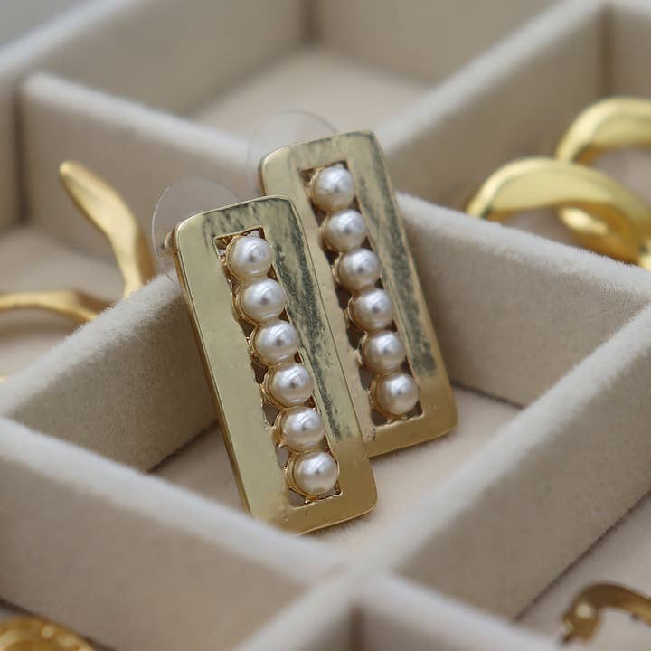 Mini Pearl Adorned Gold Rectangular Earrings for wholesale by KARINE SULTAN
