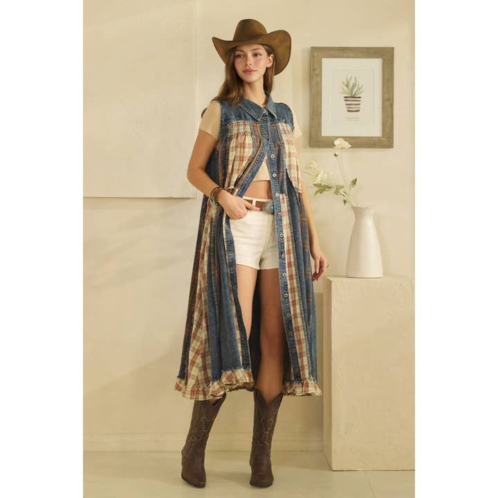 PLAID MIX RUFFLE BUTTON DOWN SLEEVELESS DRESS TOP for wholesale by Oli&Hali