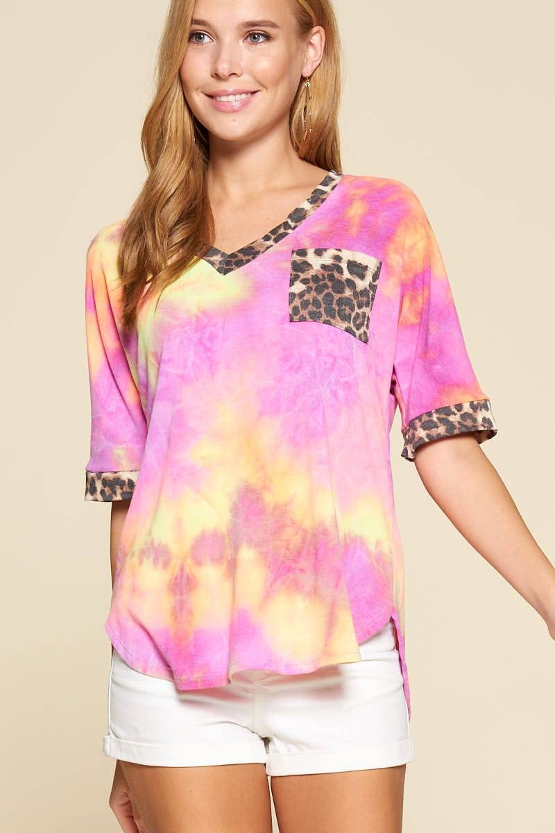 Fuchsia ETK-7991 Tie Dye V Neck Animal Print Pocket Top for wholesale on Faire2