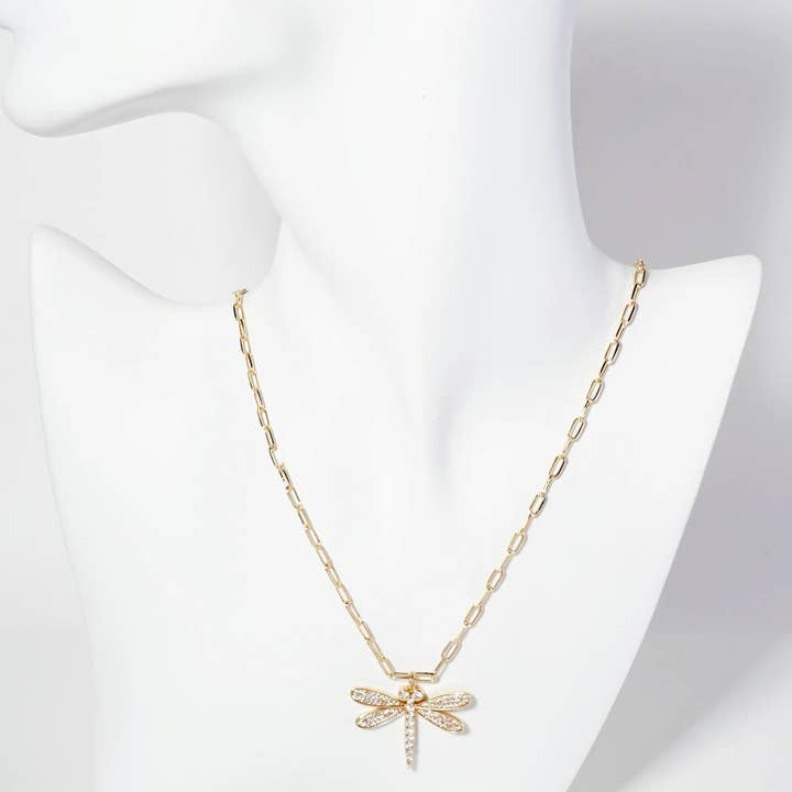 Wild Honey - Wholesale Pendant/Charm Necklace - 18K Gold-Dipped Cubic Zirconia Dragonfly Pendant Necklace