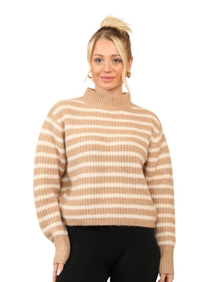 Hyggelig Stribet Sweater med Høj Krave – Blød Akrylstrik for engroshandel hos Elainah Fashion
