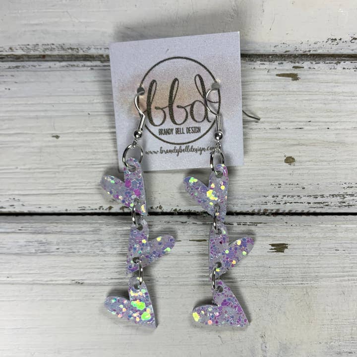Brandy Bell Design - Wholesale Dangle Earrings - LINKED HEARTS -   Tiny Hearts Collection || Leather Earrings  ||   <BR> IRIDESCENT WHITE GLITTER ON THICK LEATHER0