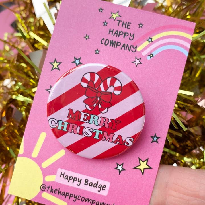 Merry Christmas Candy Cane Pin Badge for wholesale by The Happy Company
