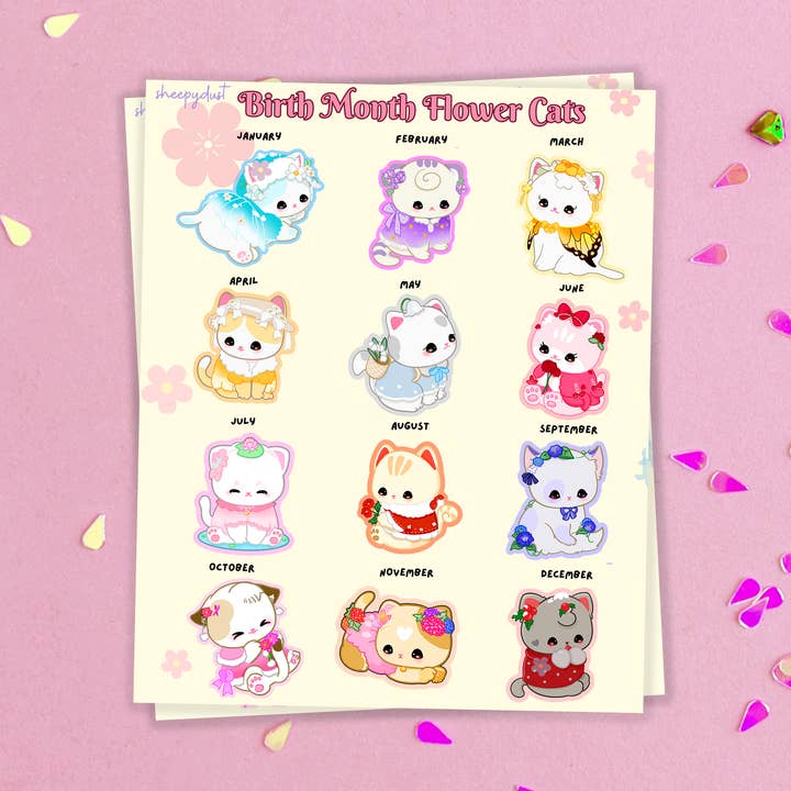 12 Flower Month Cats Sticker Sheet for wholesale by Sheepydust