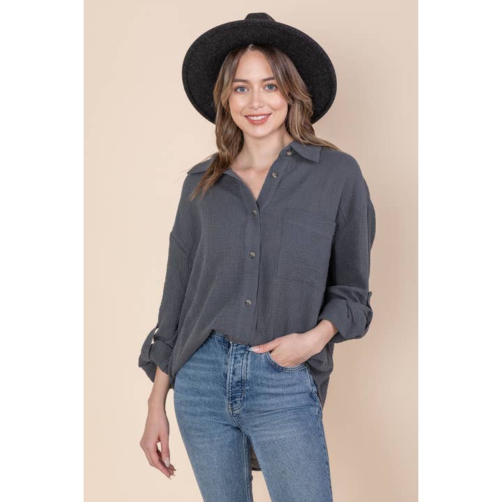 TEXTURED COTTON BUTTON DOWN OVERSIZED SHIRT for wholesale by Gypsie Jane