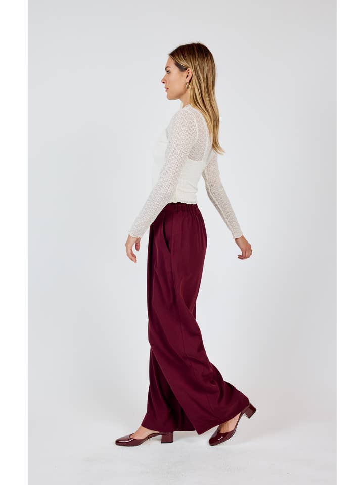 Sadie & Sage - Wholesale Pants - Women's - Silent Streets Wide Leg Pleated Pants: WINE