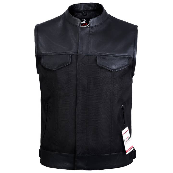 Mens Cordura Biker Waistcoat/Vest Black Real Leather Trim for wholesale on Faire