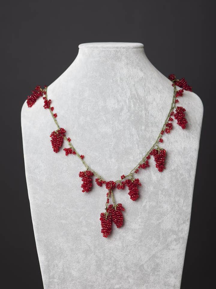 Beaded Necklace with Grape Motif - Red for wholesale by Meredith Strauss