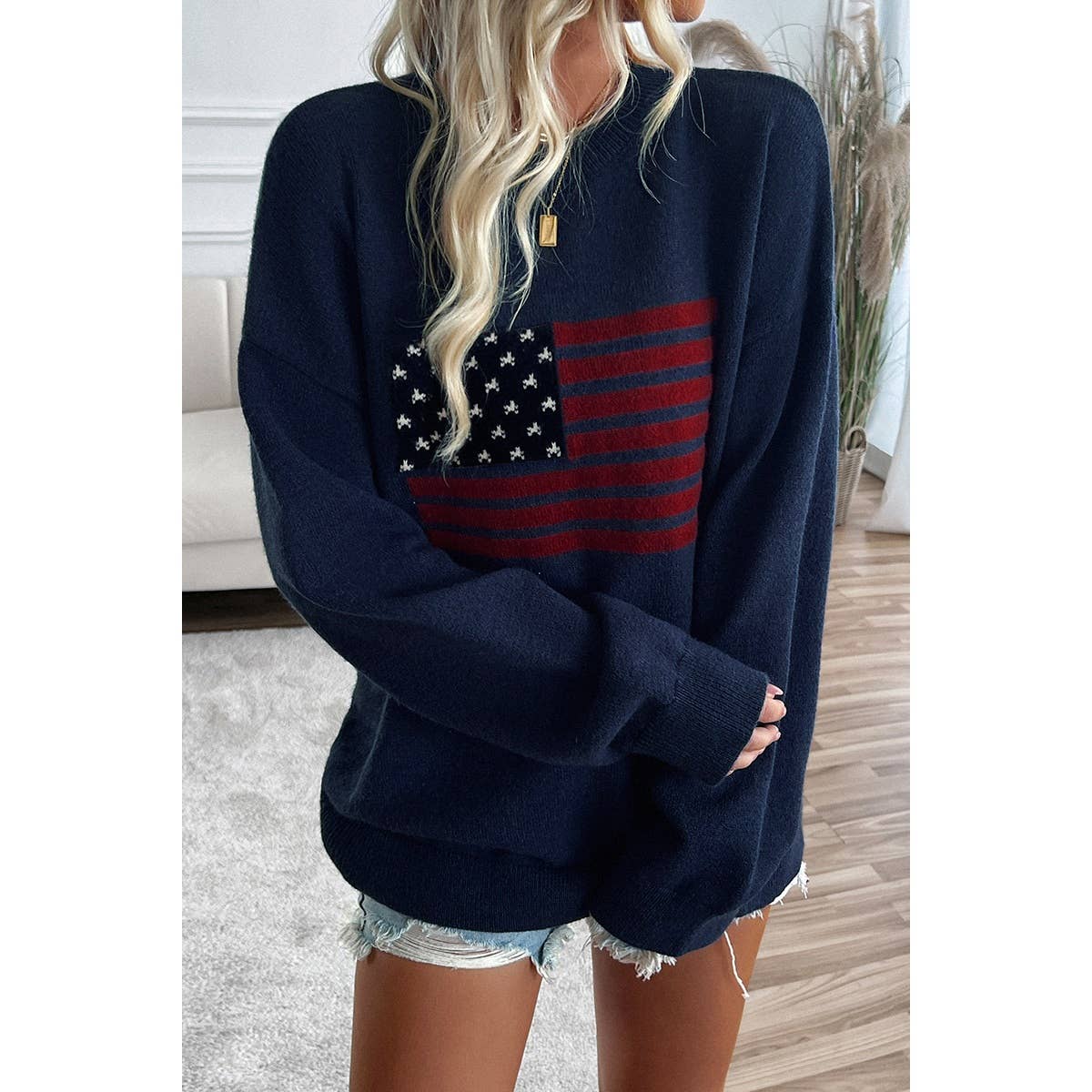 Supreme Fashion – wholesale Knitted jumper – Women′s – Knit Round Neck Flag Print Loose Fit Sweater8