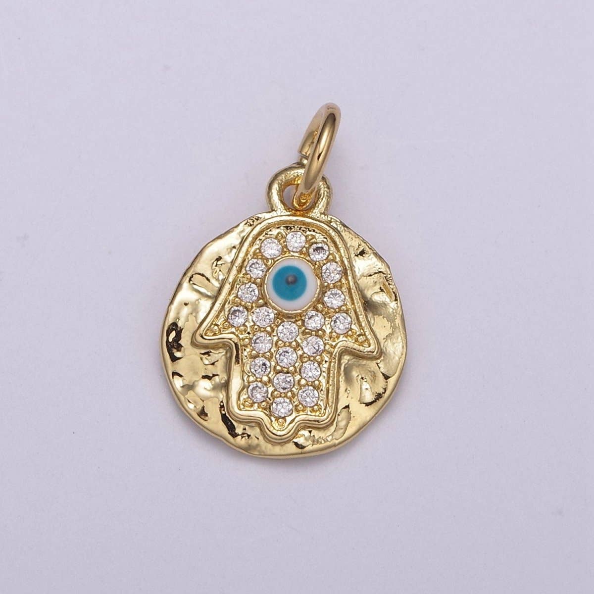Aim Eternal – wholesale Individual charm/pendant – 24K Gold Filled Dainty Micro Paved CZ Hamsa Hand of Fatima Rustic Coin Charm N-2380