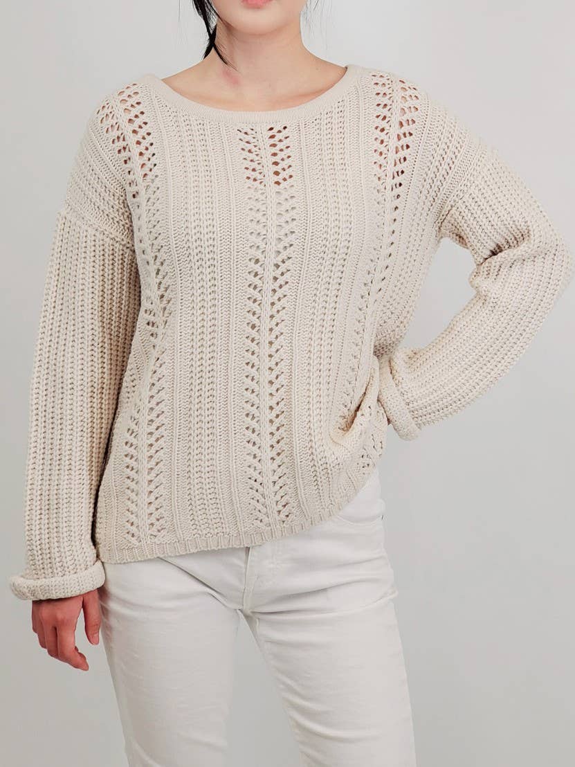 Mak - Wholesale Knit Sweater - Women's - Leaf Crochet Detailed Rolled Up Sleeve Sweater HB205216