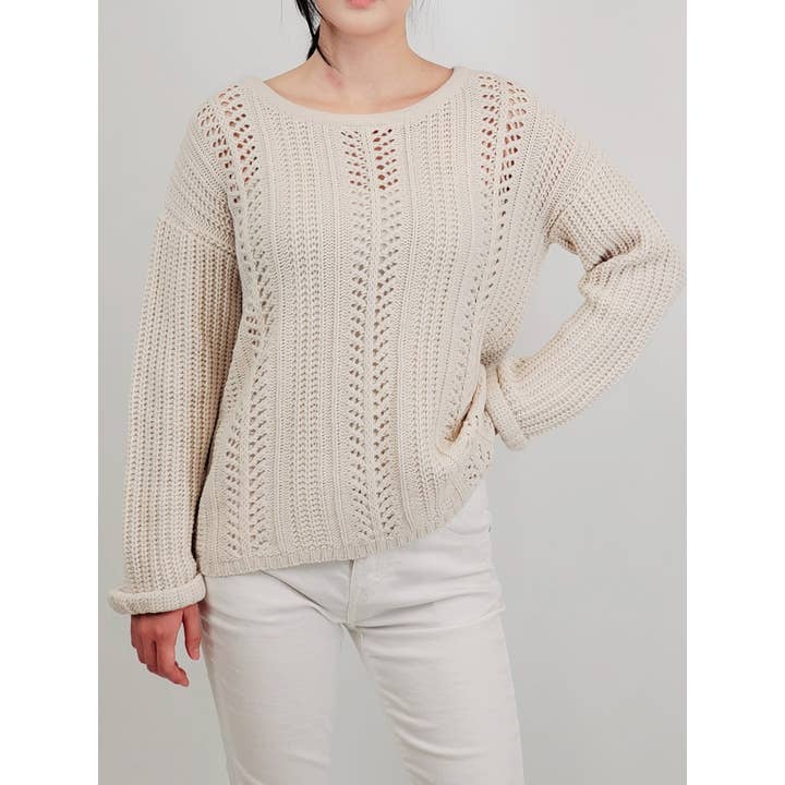 Mak - Wholesale Knit Sweater - Women's - Leaf Crochet Detailed Rolled Up Sleeve Sweater HB205216
