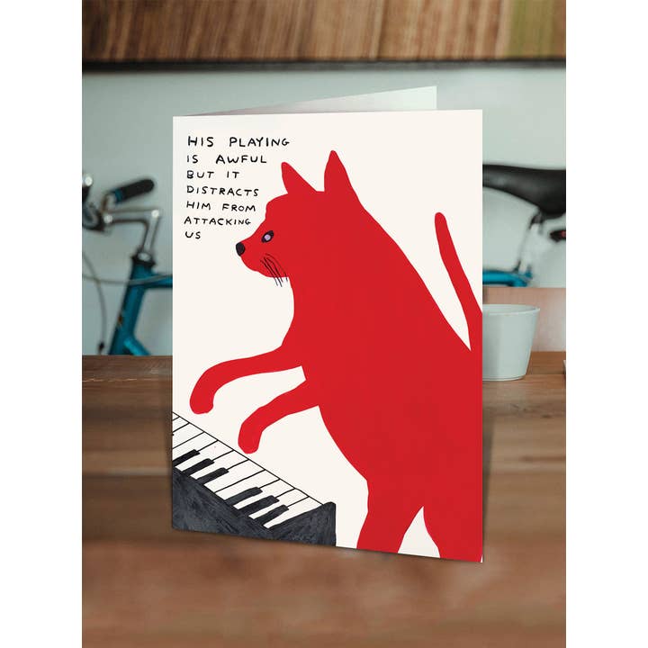 David Shrigley x Brainbox Candy - Wholesale Everyday Greeting Card - Funny Greetings Card By David Shrigley - Piano Playing Cat
