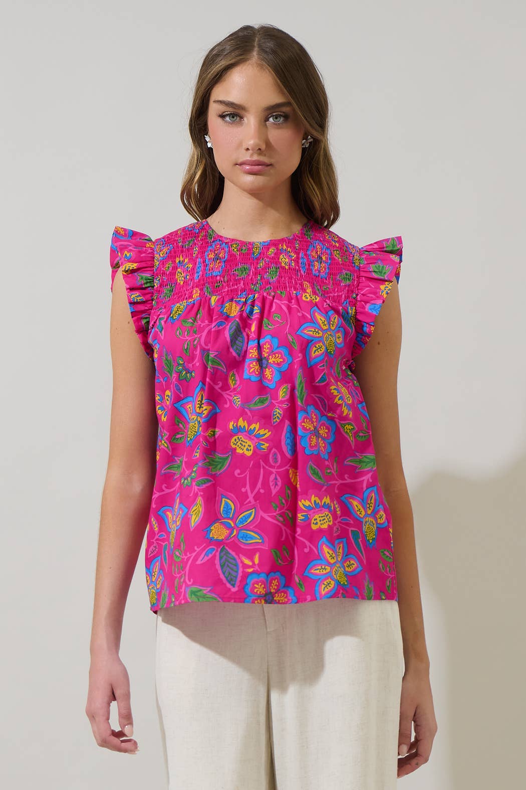 MAGENTA MULT Signy Floral Tisha Ruffle Top for wholesale on Faire5