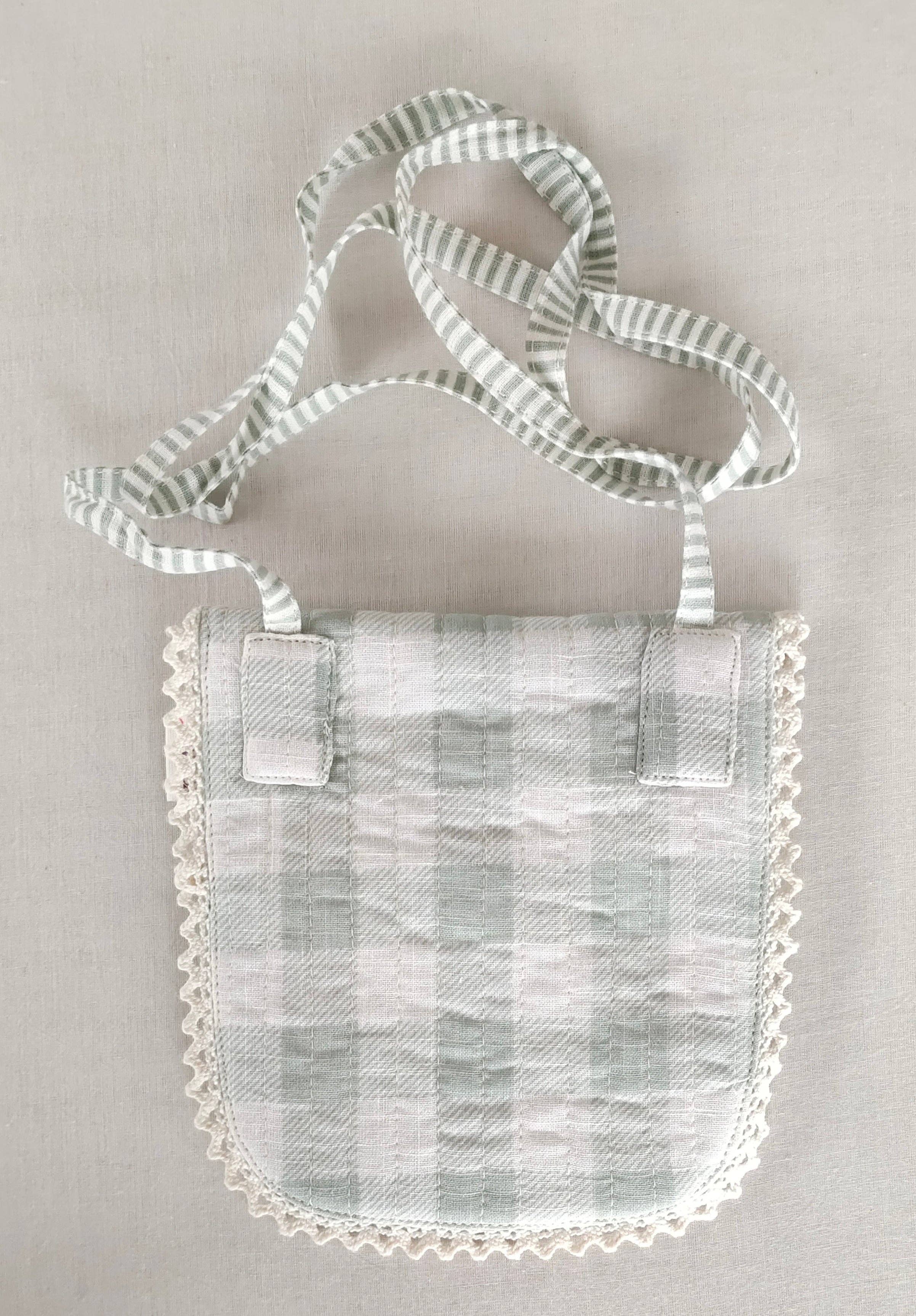 Yo Baby - Wholesale Tote Bag - Kids - Sage Checks & Stripe Kids' Small Tote Bag with Magnetic Closure and Lace Detailing2