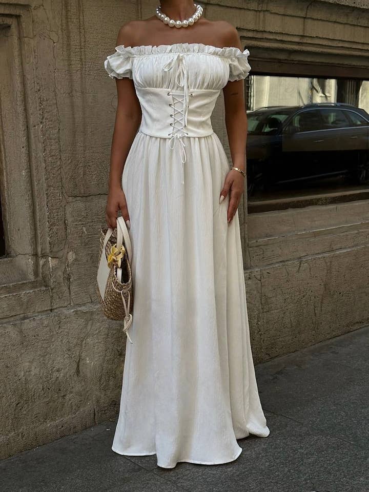 El Vestido Maxi de Hombros Descubiertos Elegancia Encantada – 1089 para venta al por mayor de Standpoint Top