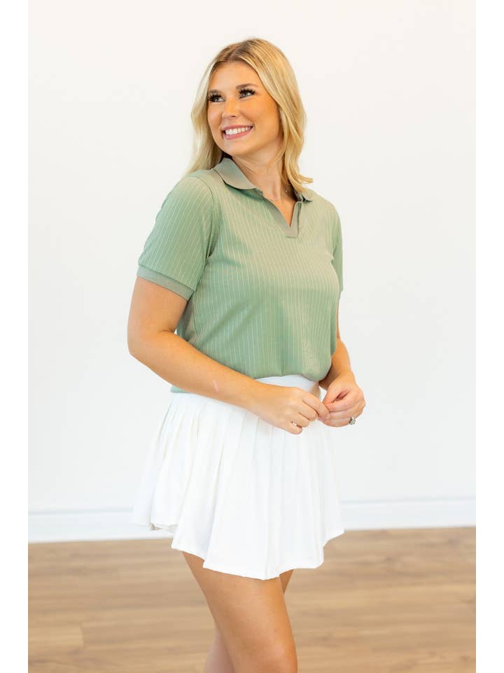Rib Knit Polo Top, Sage Green for wholesale on Faire6