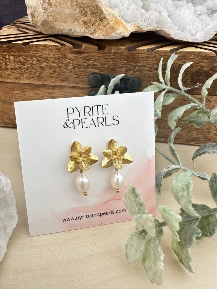 Magnolia and Pearl Earrings on stainless steel posts for wholesale by Pyrite and Pearls