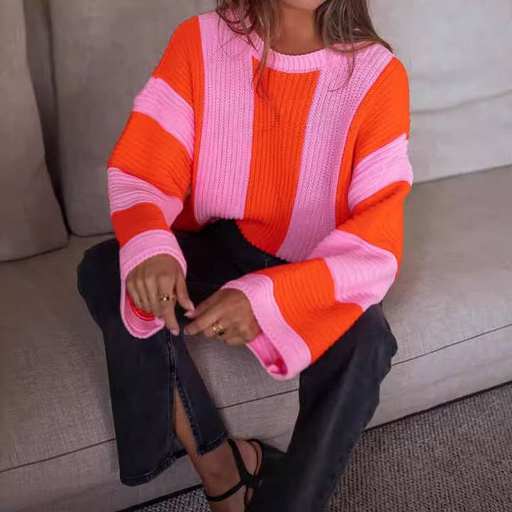 Übergroßer gestreifter Strickpullover Damen Pink Schwarz Farbe N5A831 für den Großhandel von alberalkirk