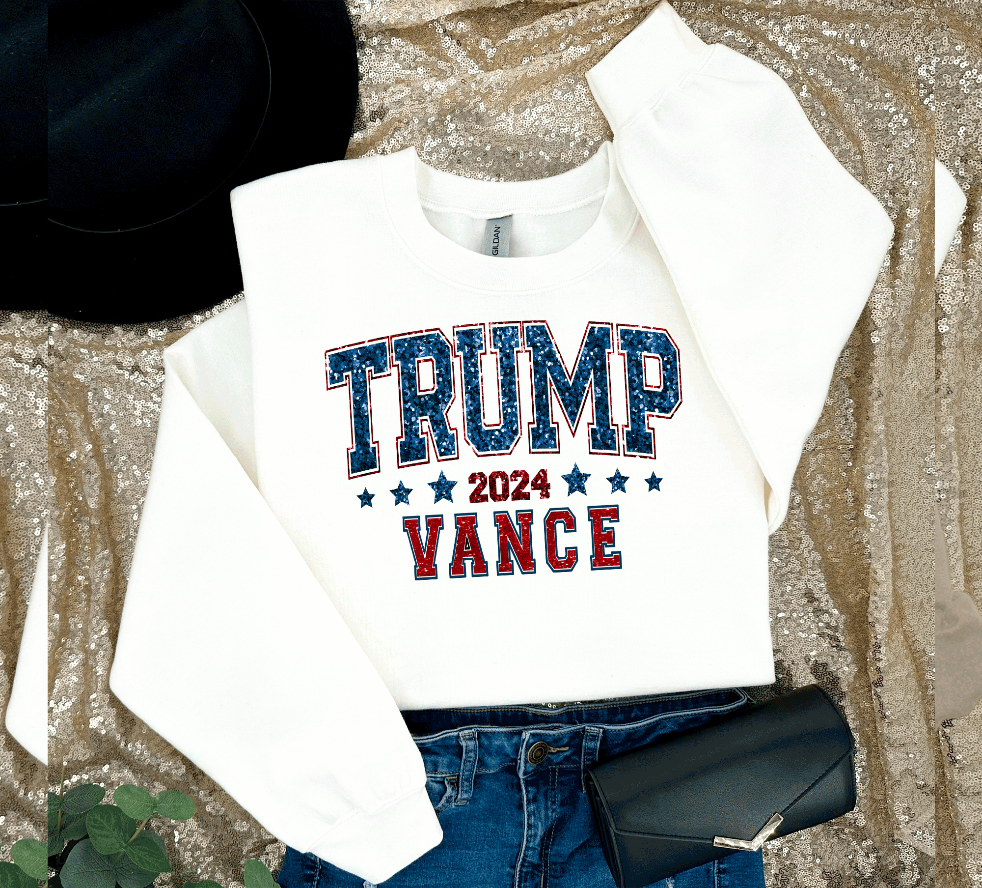 A Blessed Texas Mess Boutique - Wholesale Graphic Sweatshirt - Women's - Donald Trump JD Vance 2024 Faux Glitter President White Hous0
