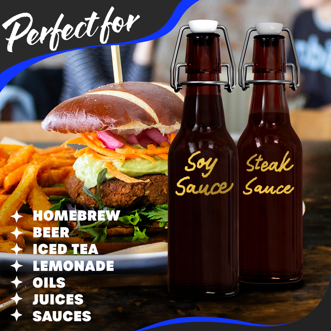 Nevlers – wholesale Mjölk- och juiceflaska – Nevlers 8,5 oz bärnstensfärgade glasölflaskor med svängkork (förpackning med 18) | Inkluderar tratt, borste och markör5