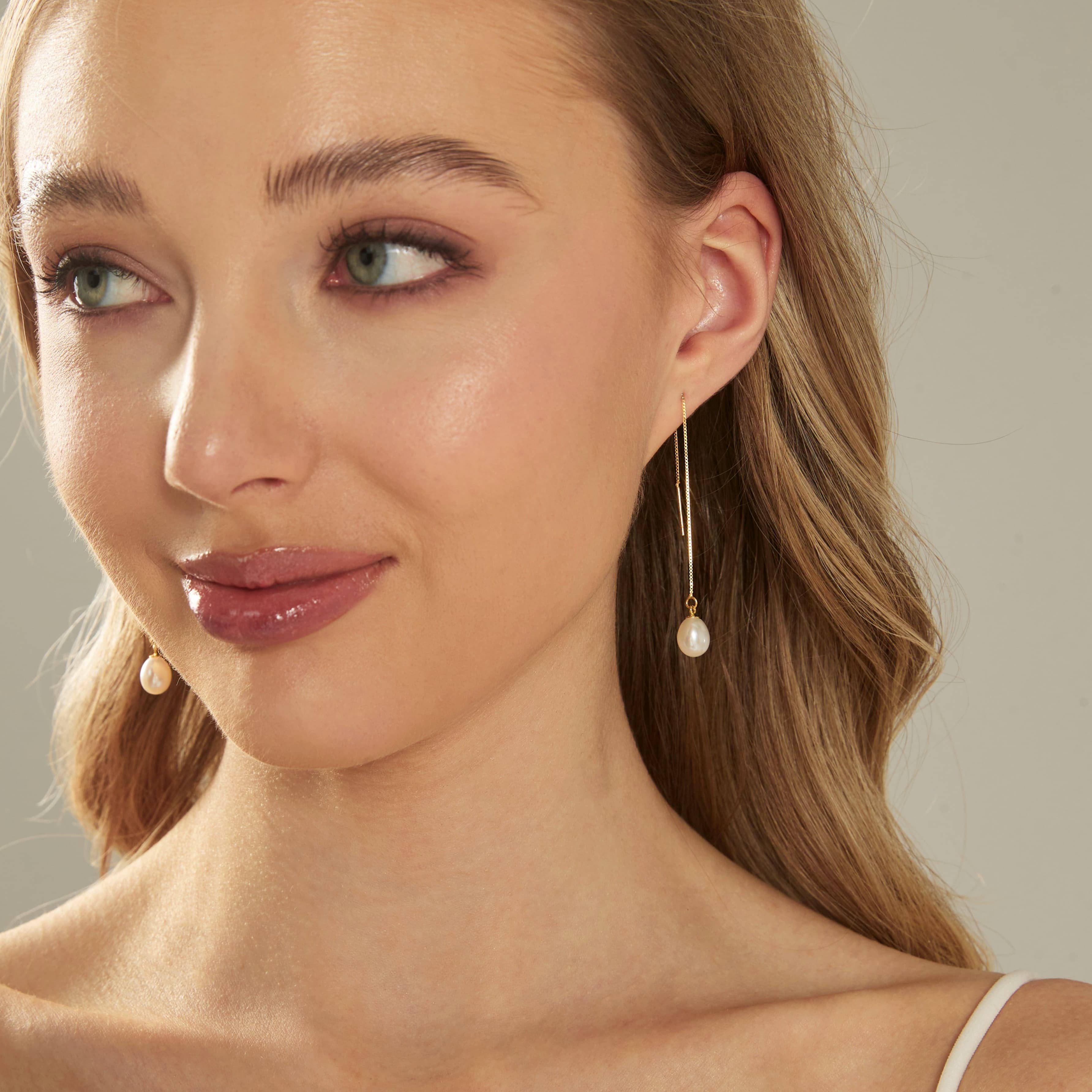 Drrtymagic - Wholesale Dangle Earrings - Freshwater Pearl Threader Earrings Gold Chain Earring3