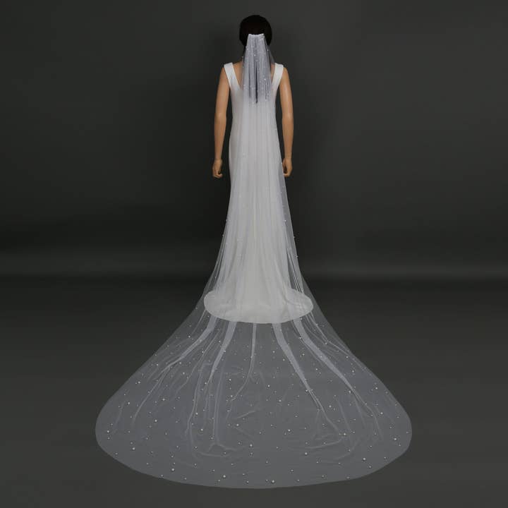 Farinosa Bridal - Wholesale Veil - Women's - FS6355 Scattered Pearls Bridal Wedding Veil 39" 118"