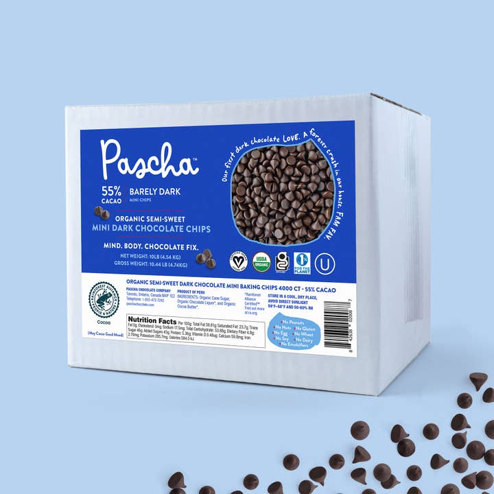 Pascha Chocolate Company - Wholesale Baking Chocolate - Bulk Organic Semi-Sweet Mini Baking Chips, 55% Cacao