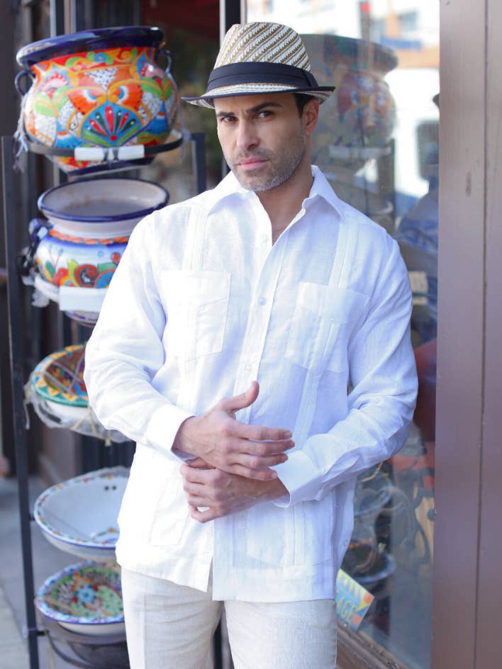Mojito Men's 100% Linen Four-Pocket Long Sleeve Guayabera Shirt for wholesale by MOJITO COLLECTION