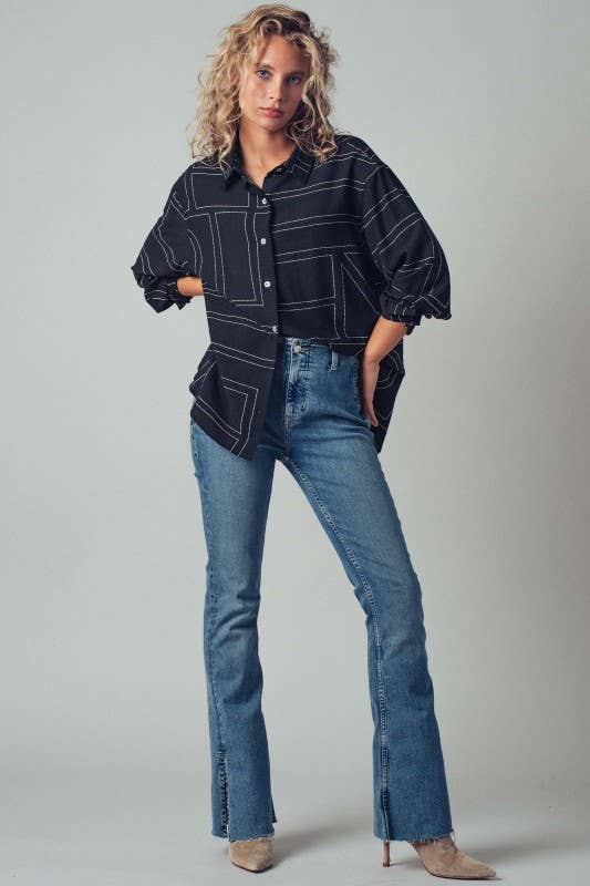 Black Modern Stitched Geometric Button-up Shirt for wholesale on Faire3