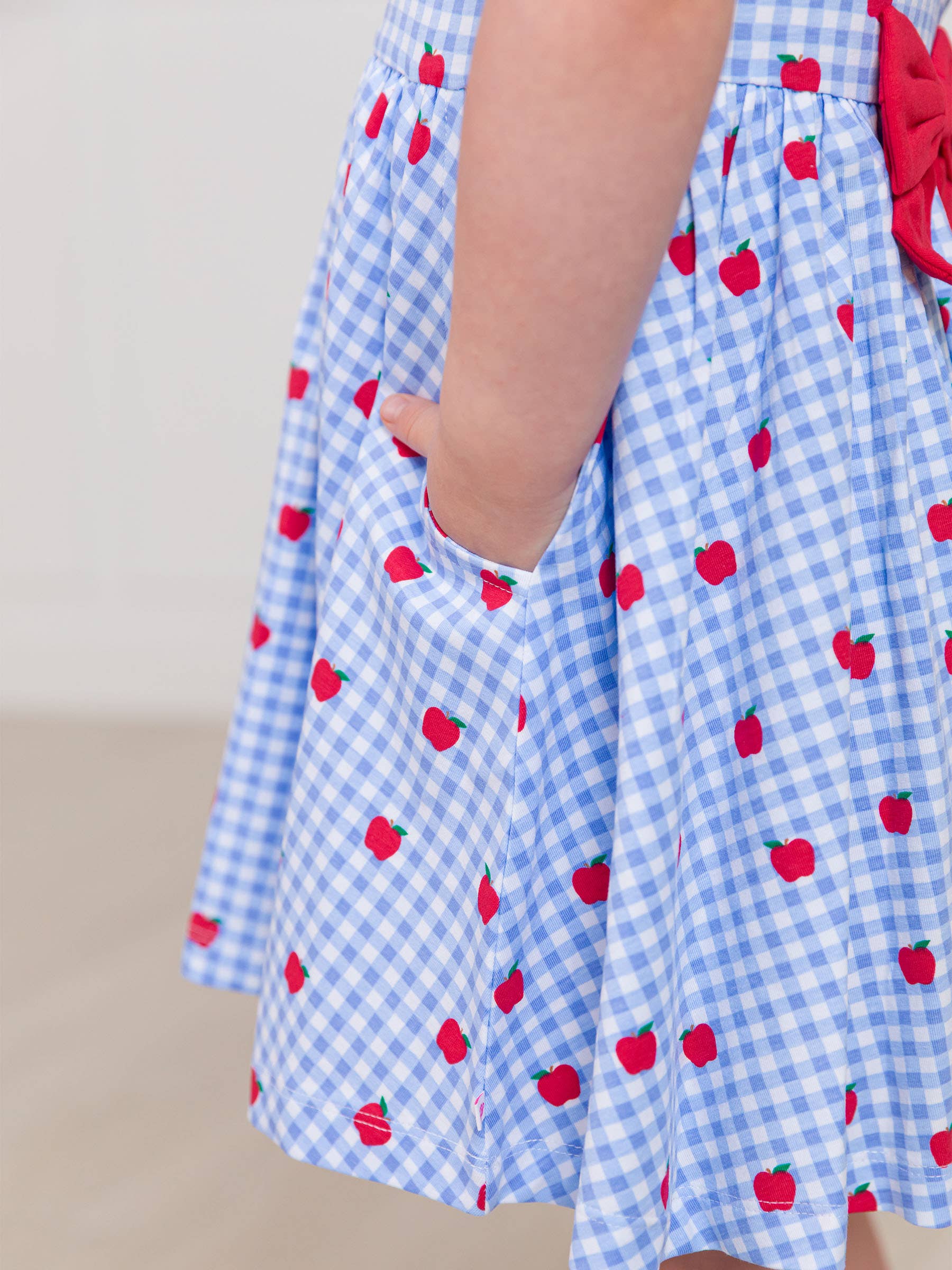 Blue Girls Apple Orchard Gingham Short Sleeve Knit Twirl Dress for wholesale on Faire2