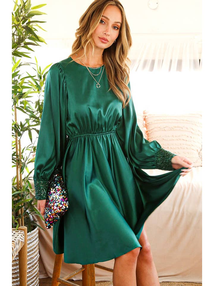 Vine & Love - Wholesale Dress - Women's - Sequin Detail Swing Satin Knee Dress VD8128513