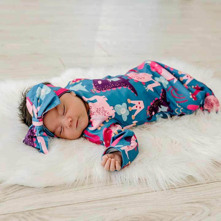 Adorable Sweetness - Wholesale Babygown Set - Baby - Girl Dino Baby Gown and Bow Headband