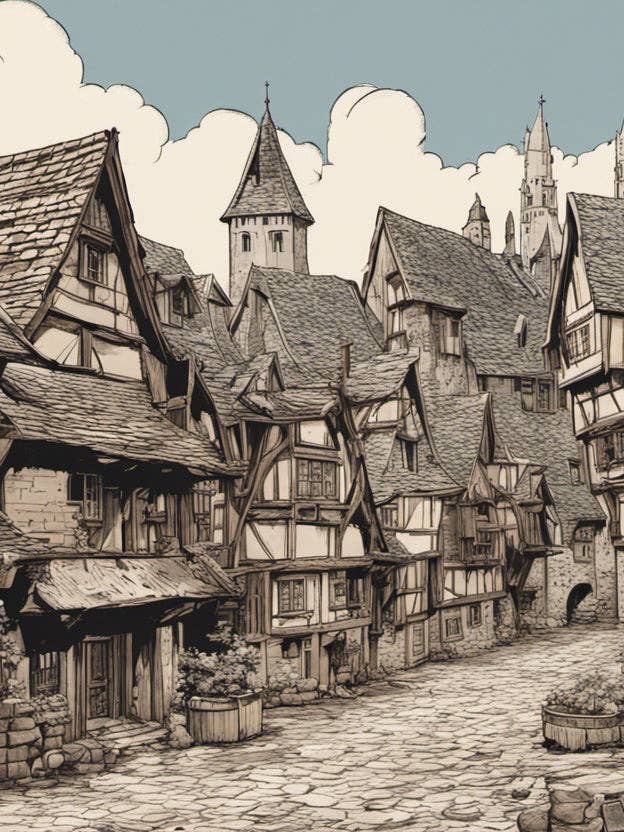 Peinture fantastique II du village médiéval des nains pour la vente par Keep Calm Collection